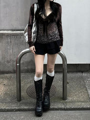 Hnewly - Y2k Retro Leopard Lace Trim V-Neck Blouses Women Velvet Long Sleeve Chic T-Shirt Trendy Clothes Autumn New