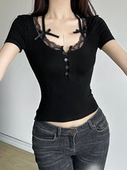 Hnewly - summer inspo Halter Neck Lace Trim Bow Cute Black Y2K T-Shirt Women Button Up Slim Short Sleeve White Tees Sweet Balletcore Clothing