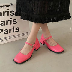Hnewly Red Med Heels Mary Jane Shoes for Women Square Toe Ankle Buckle Pumps Woman Pu Leather Thick Heeled Party Shoes Ladies