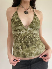 Hnewly - summer inspo Retro Forest Green Tie Dye Print Summer Boho Camisole Seeveless Backless Tie Halter V Neck Sexy Crop Top Women Vacation Shirts