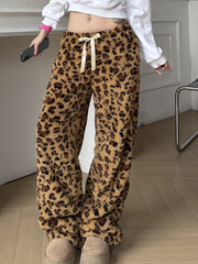 Hnewly - outfit ideas Leopard Velvet Women Loose Long Pants Bow Y2k Retro Fashion Chic Warm Autumn New Trousers Design Street Style