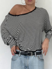 Hnewly - summer inspo Twist Backless Loose Casual Stripe Long Sleeve T Shirt Women Contrast Binding O Neck Minimalist Pullover Tops