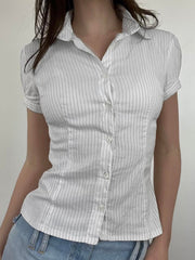 Hnewly - summer inspo White Stripe Puff Short Sleeve Button Shirts For Women Basic Simple Casual Seumme Preppy Tops Y2K Korean Clothes