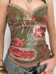 Hnewly - summer inspo Plant And Floral Print Vintage Y2K Aesthetic Mesh Camisole Women Tie Lace Trim Cute Kawaii Clothes