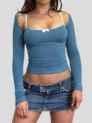 Hnewly Solid Lace Trim Cami Smock Two Piece Long Sleeve Tee