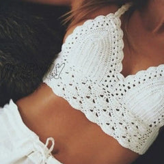 Handmade Crochet Lace Knit Bra Boho Beach Bikini Cami Tank Crop Top Halter White / L