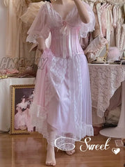 Hnewly 1 Set Fairytale Women Princess Pink Gauze Robe + Nightdress.lady Girl Rose Lace Nightgowns