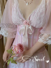 Hnewly 1 Set Fairytale Women Princess Pink Gauze Robe + Nightdress.lady Girl Rose Lace Nightgowns