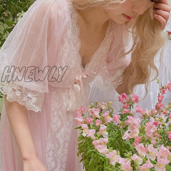 Hnewly 1 Set Fairytale Women Princess Pink Gauze Robe + Nightdress.lady Girl Rose Lace Nightgowns