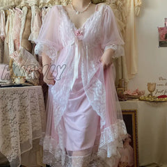 Hnewly 1 Set Fairytale Women Princess Pink Gauze Robe + Nightdress.lady Girl Rose Lace Nightgowns
