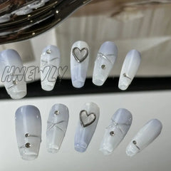 Hnewly 10Pcs Ice Transparent Blue Fake Nails With Metal Silver Heart And Cross Design Gloss Full