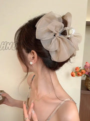 Hnewly 13Cm Woman Large Two-Sided Gauze Bowknot Hair Claws Lady Solid Color Hairpins Barrettes