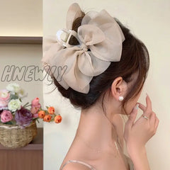 Hnewly 13Cm Woman Large Two-Sided Gauze Bowknot Hair Claws Lady Solid Color Hairpins Barrettes