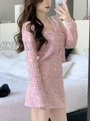 Hnewly 2 Piece Dress Set Sweet Cardigan Sweater + Slim Skirt Pink Elegant Y2K Mini Office Lady