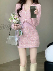 Hnewly 2 Piece Dress Set Sweet Cardigan Sweater + Slim Skirt Pink Elegant Y2K Mini Office Lady