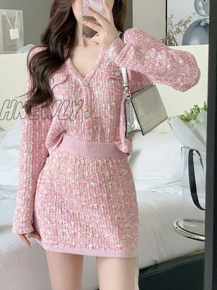 Hnewly 2 Piece Dress Set Sweet Cardigan Sweater + Slim Skirt Pink Elegant Y2K Mini Office Lady
