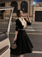 Hnewly 2 Piece Dress Set Women Casual Elegant Vintage Black Midi Korean Clothes Y2K Crop Top Short