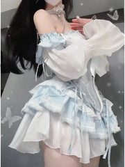 Hnewly 2 Piece Dress Set Women Kawaii Lolita Y2K Mini + Vest Belt Fashion Vintage Suits Chic Casual