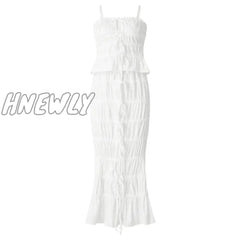 Hnewly 2 Piece Set Vintage Ruffles Tunnel Cami Tops + High Waist Wrap Long Skirt Kawaii Bowknot Tie