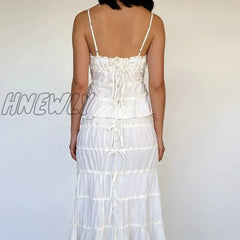 Hnewly 2 Piece Set Vintage Ruffles Tunnel Cami Tops + High Waist Wrap Long Skirt Kawaii Bowknot Tie