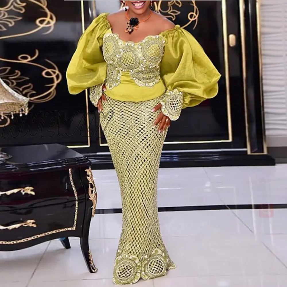 Hnewly 2 Piece Sets African Dresses For Women Bodycon Mermaid Sexy Maxi Dress Elegant Wedding Gowns