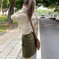 Hnewly 2000S Clothes Y2K Low Waisted Mini Skirts Army Green Denim Pockets A Line Skirt Cute Women