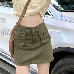 Hnewly 2000S Clothes Y2K Low Waisted Mini Skirts Army Green Denim Pockets A Line Skirt Cute Women