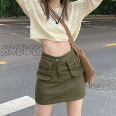 Hnewly 2000S Clothes Y2K Low Waisted Mini Skirts Army Green Denim Pockets A Line Skirt Cute Women