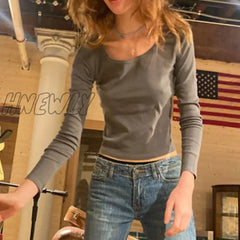Hnewly 2000S Retro Cute Slim Fit Crop Tops Elegant Lady Long Sleeve Slash Neck Basic Tees Fairycore