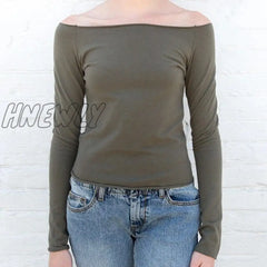 Hnewly 2000S Retro Cute Slim Fit Crop Tops Elegant Lady Long Sleeve Slash Neck Basic Tees Fairycore