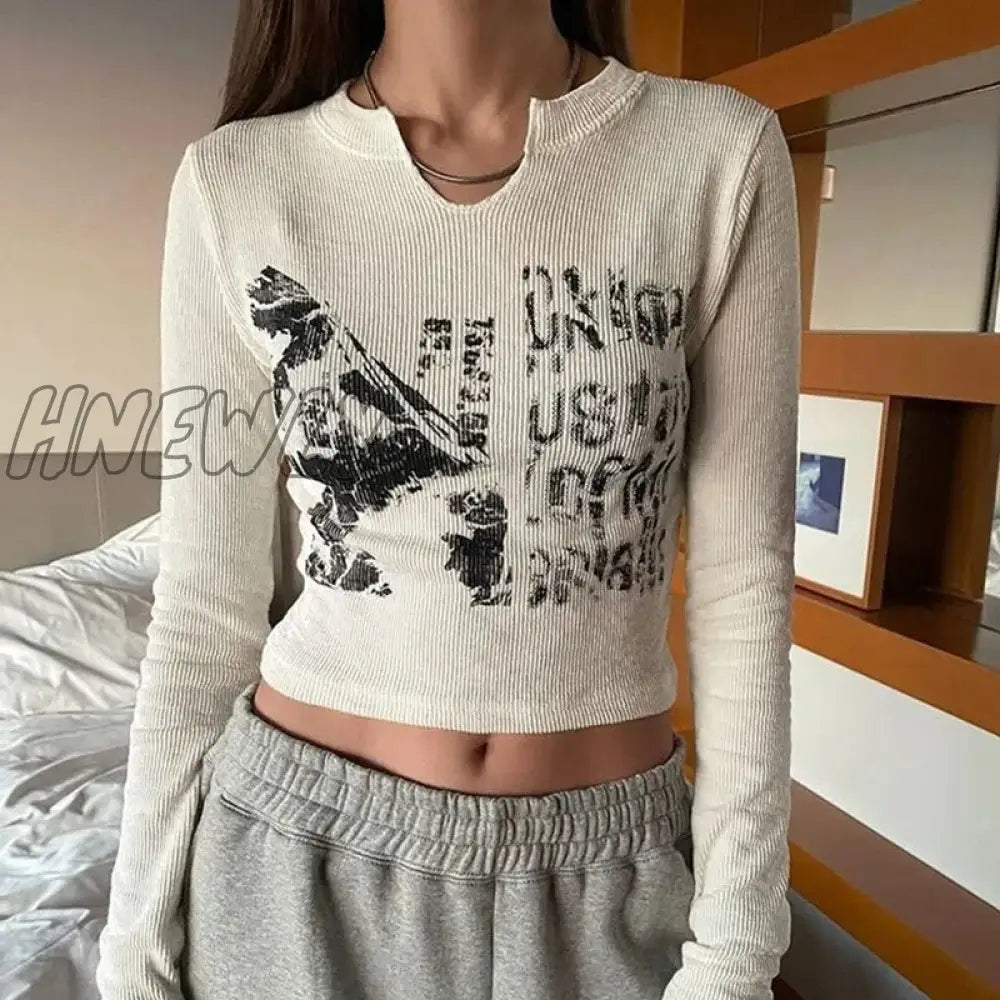 Hnewly 2000S Retro Harajuku Grunge T-Shirt Graphic Print Long Sleeve Crop Top Chic Women Vintage