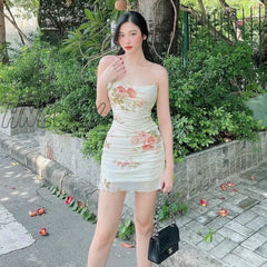 Hnewly 2000S Women Floral Mini Dress Y2K Aesthetic Sleeveless Ruffles Hem Kawaii Sundress Sexy