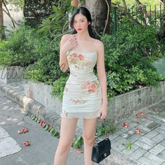 Hnewly 2000S Women Floral Mini Dress Y2K Aesthetic Sleeveless Ruffles Hem Kawaii Sundress Sexy