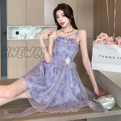 Hnewly 2024 Bow Sexy Slash Neck Dress Women Summer Korean Elegant White Mini Fashion All Match