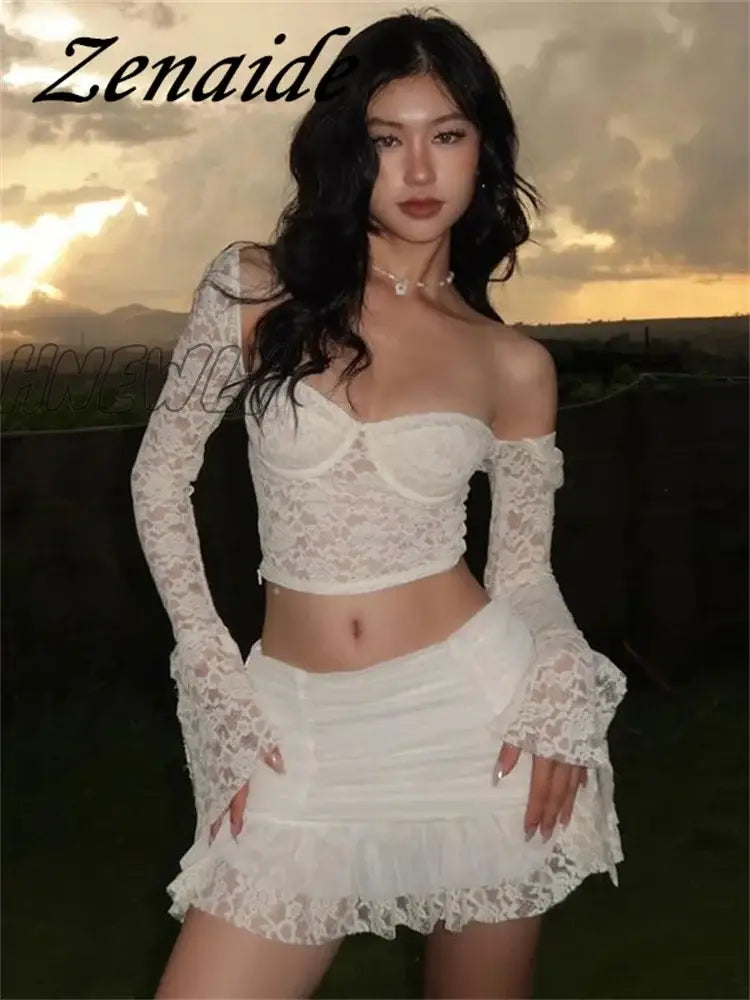 Flare Long Sleeve Crop Top And Pleated Mini Skirt 2 Piece Set Sexy Lace Ruched Holiday Summer Women Sheer Outfits