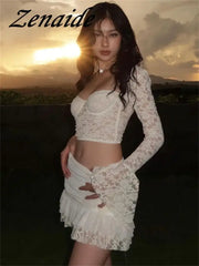Zenaide 2024 Flare Long Sleeve Crop Top And Pleated Mini Skirt 2 Piece Set Sexy Lace Ruched Holiday