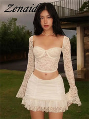 Zenaide 2024 Flare Long Sleeve Crop Top And Pleated Mini Skirt 2 Piece Set Sexy Lace Ruched Holiday