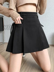 Hnewly 2024 Lace Up Pleated Skirt For Women Summer Korean Fashion Vintage Loose High Waisted Chic