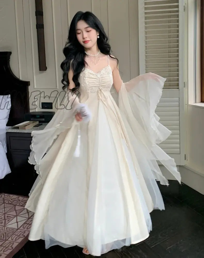 2024 New Spaghetti Straps White Chiffon Long Women's Summer Holiday French Elegant Irregular Ruffle Fairy Dress Chiffon Cardigan