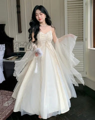 2024 New Spaghetti Straps White Chiffon Long Women's Summer Holiday French Elegant Irregular Ruffle Fairy Dress Chiffon Cardigan