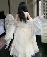 Hnewly 2024 New Spaghetti Straps White Chiffon Long Women’s Summer Holiday French Elegant