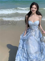 Fashion 2024 Summer Blue Fairy Midi Holiday Dress Ruffles Sexy Strap Slip Sleeveless Vacation Beach