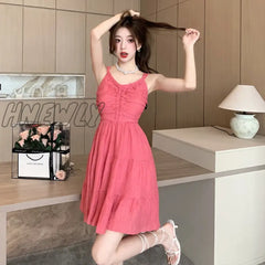 Hnewly 2024 Summer Korean Women Chic French Squar Neck A-Line Mini Dress For Ladies Backless