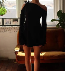 Hnewly 2024 Summer Sexy Strapless Longsleeve Hollow Out Mini Dress For Women Bandage Slim Inclied