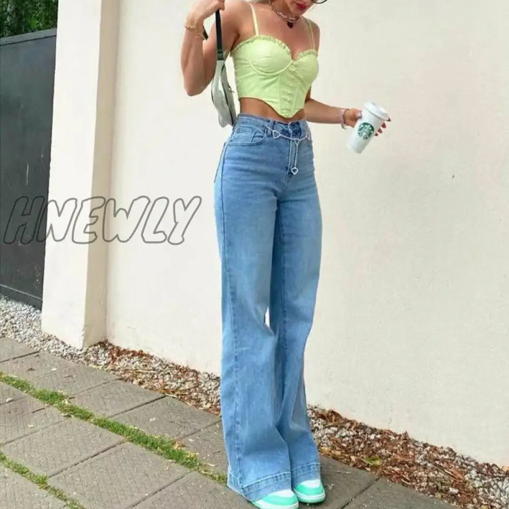Hnewly 2024 Summer Women’s Baggy Jeans Bell-Bottom Pants Mid-Waist Blue Denim Dark Long Casual