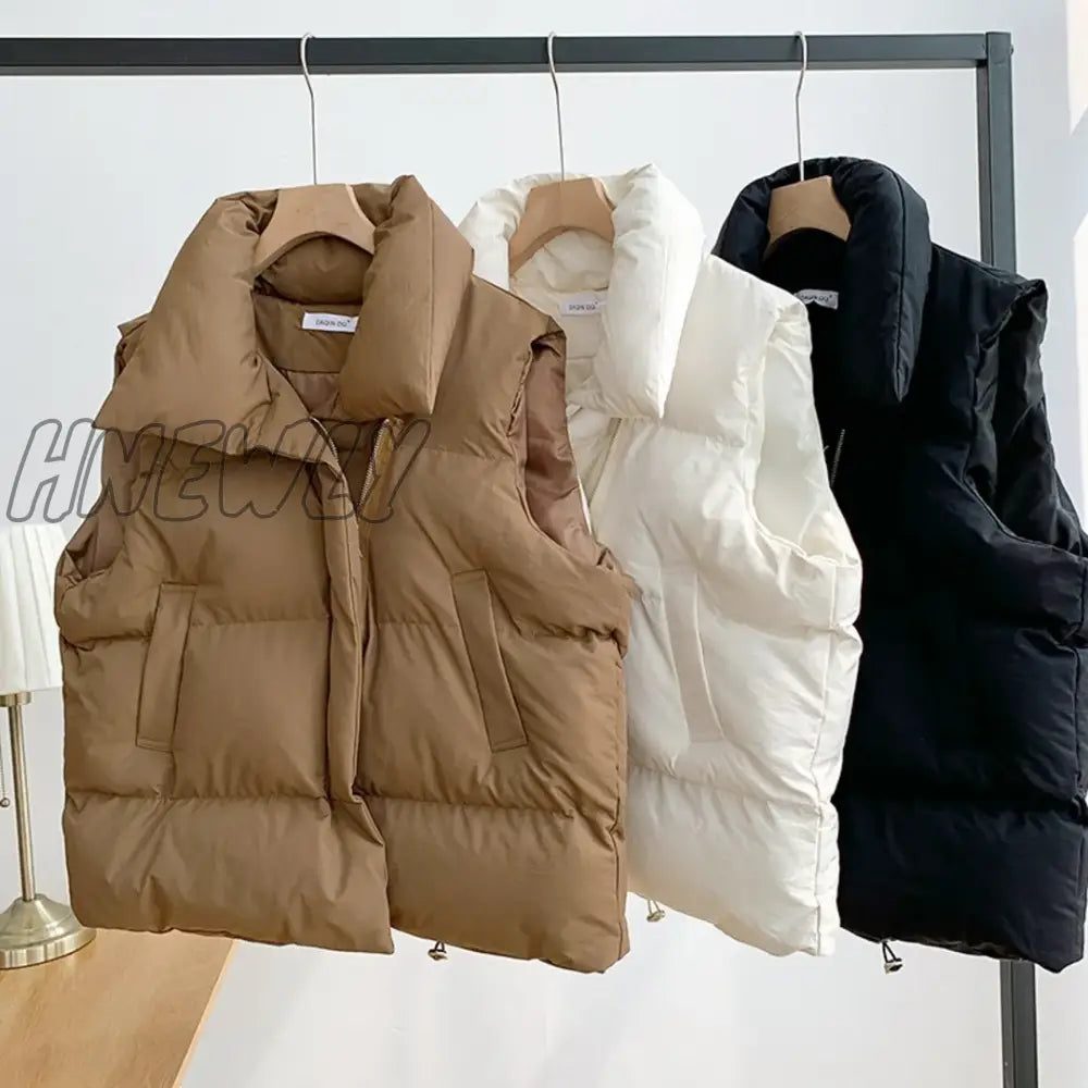 Hnewly 2024 Winter Cotton Vest Women Warm Coat Turn-Down Collar Zipper Sleeveless Jacket Overcoat