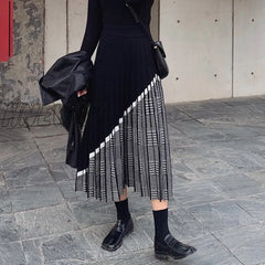 Hnewly 2024 Winter Women’s Fashion Houndstooth Midi Skirt Female High Waist Pleated Knitted Thick