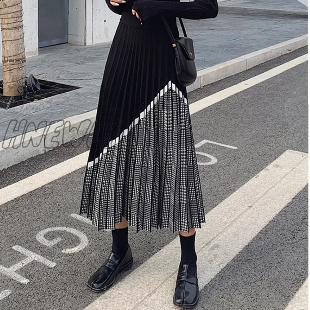 Hnewly 2024 Winter Women’s Fashion Houndstooth Midi Skirt Female High Waist Pleated Knitted Thick
