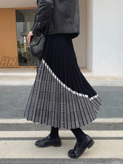 Hnewly 2024 Winter Women’s Fashion Houndstooth Midi Skirt Female High Waist Pleated Knitted Thick