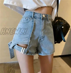 Hnewly 2024 Women’s Summer New Ripped High Waist Denim Shorts Metal Button Design Wide Leg Loose
